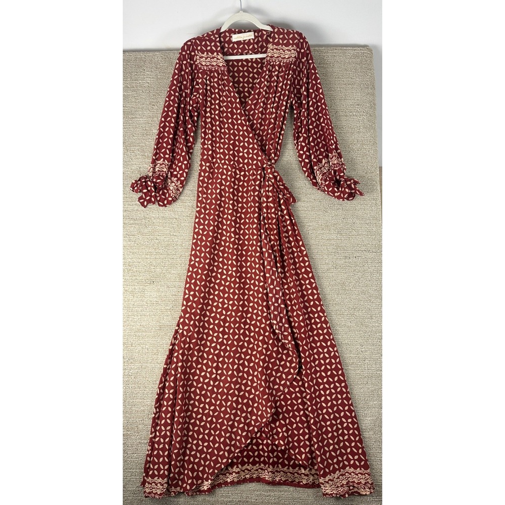 Natalie Martin Fiore Maxi Dress Burgundy Red Geometric Print Wrap Long Sleeve M